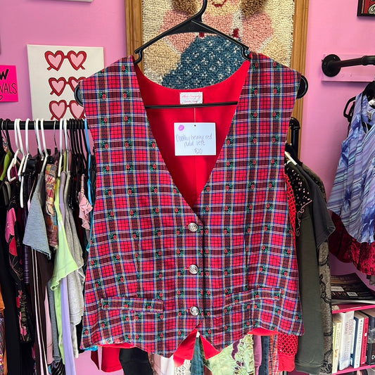 Dorothy Geary red plaid floral vest